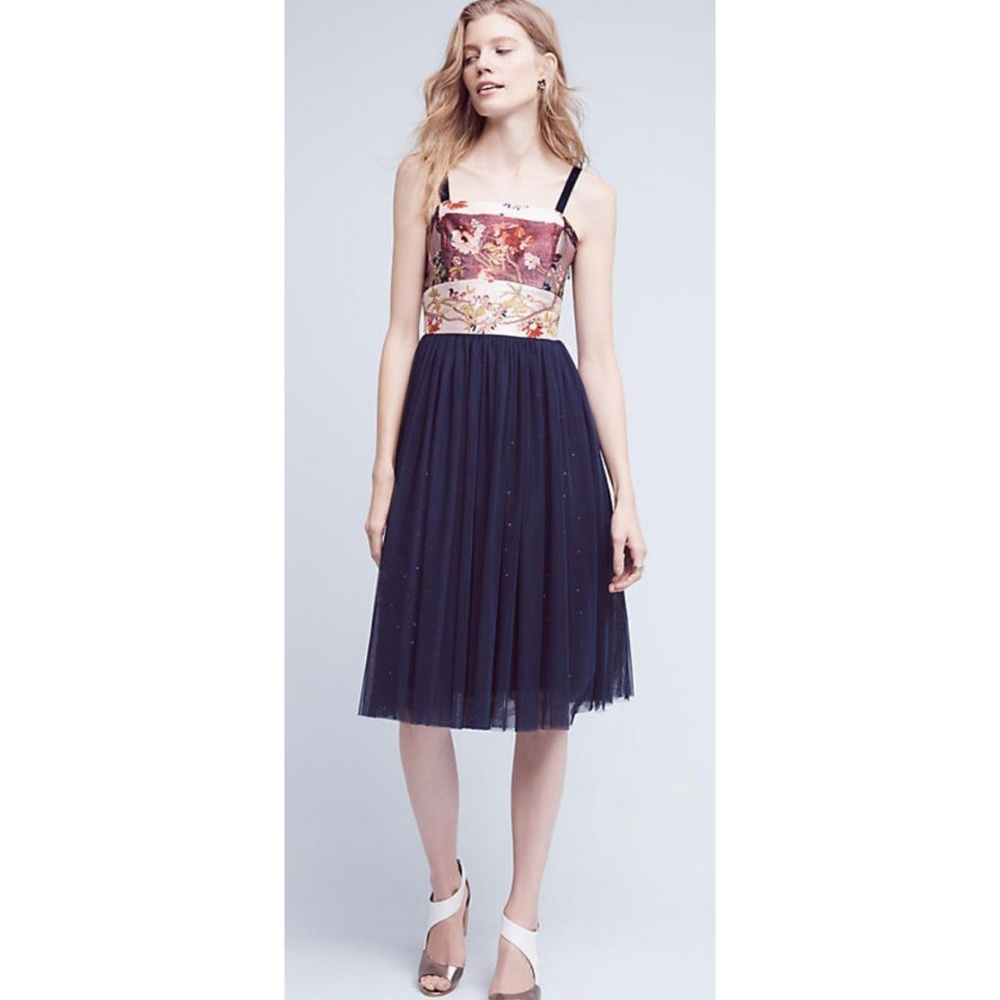 Anthropologie Moulinette Soeurs Tulle Skirt Navy Blue Brocade Cocktail Dress